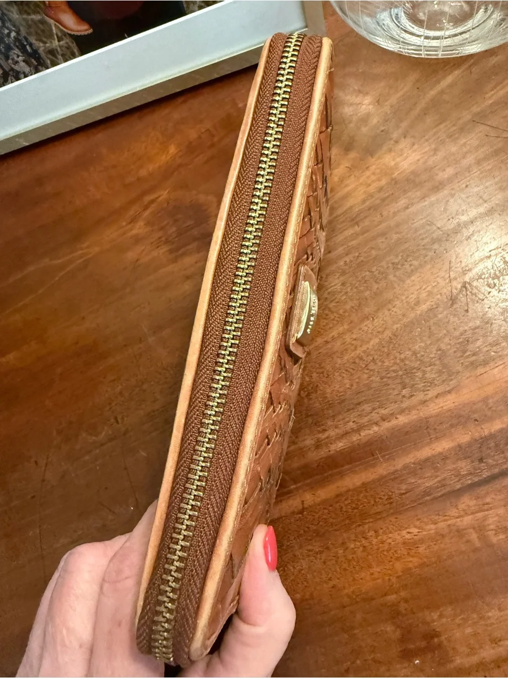 Cole Haan British Tan Hand Woven Genevieve Leather Zip Continental Wallet